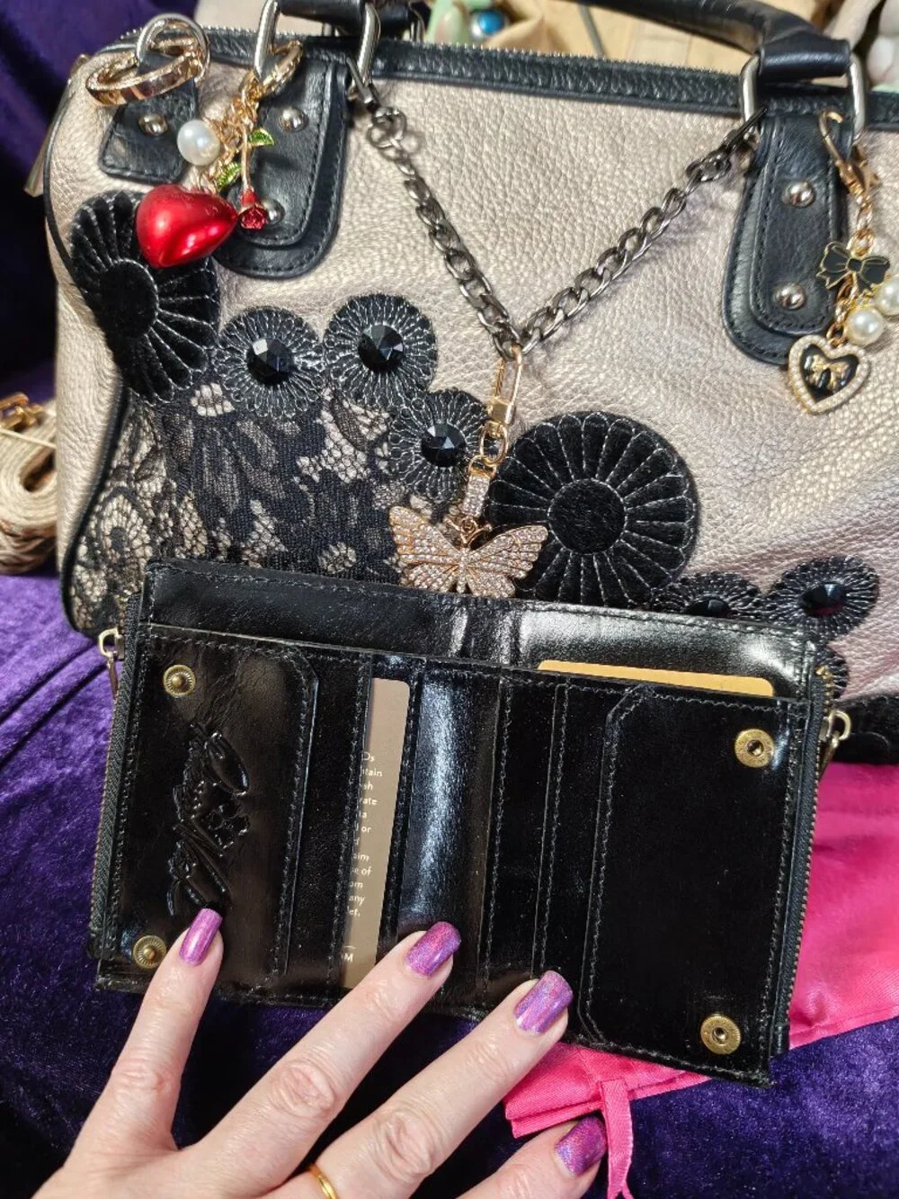 Frosting by Mary Norton Gold Leather and Lace Barrel Bag & Patricia Nash Wallet